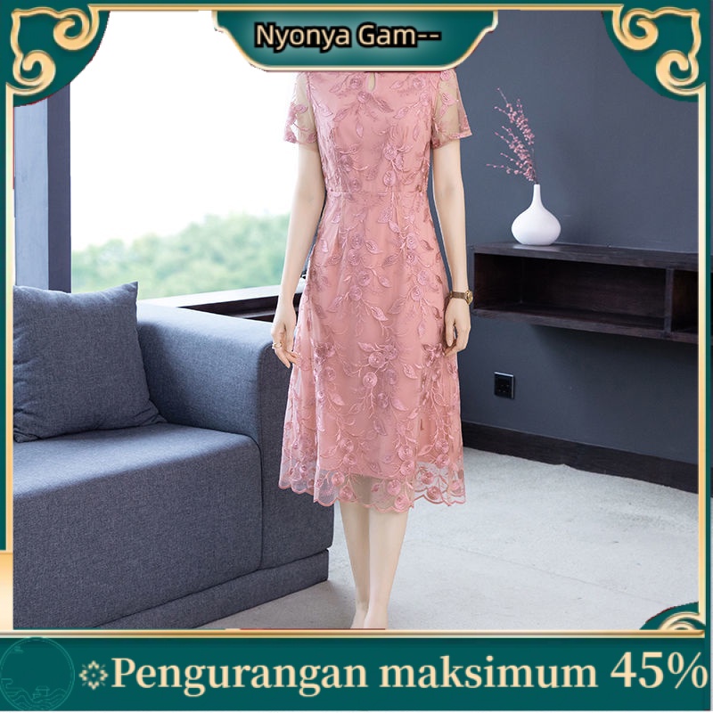 ♕Gaun musim panas ibu wanita paruh baya dan tua gaun renda gaya Barat 40 tahun ibu mertua bangsawan 