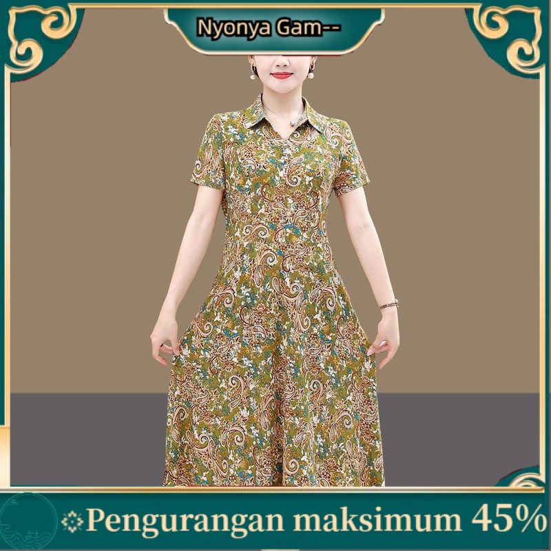 ✺Wanita paruh baya dan tua wanita setengah baya lengan pendek rok dicetak musim panas gaun ibu baru 
