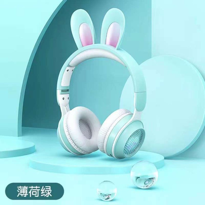 Headset Anak Bluetooth Wireless Telinga Kelinci Lucu Headphone Pink