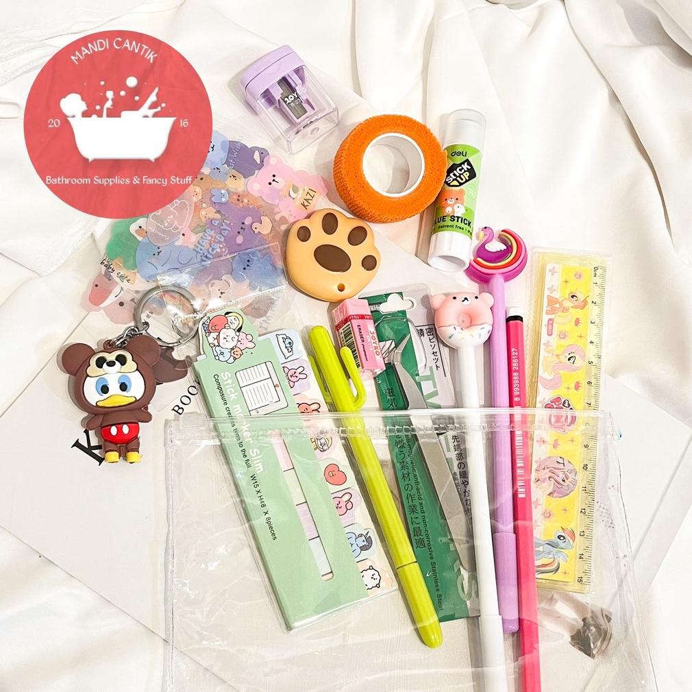 

COD Pouch Set alat tulis sticker pensil gantungan kunci pulpen pena pensil penggaris sekolah sticky notes penjepit sticker cutter mini finger protector Termurah