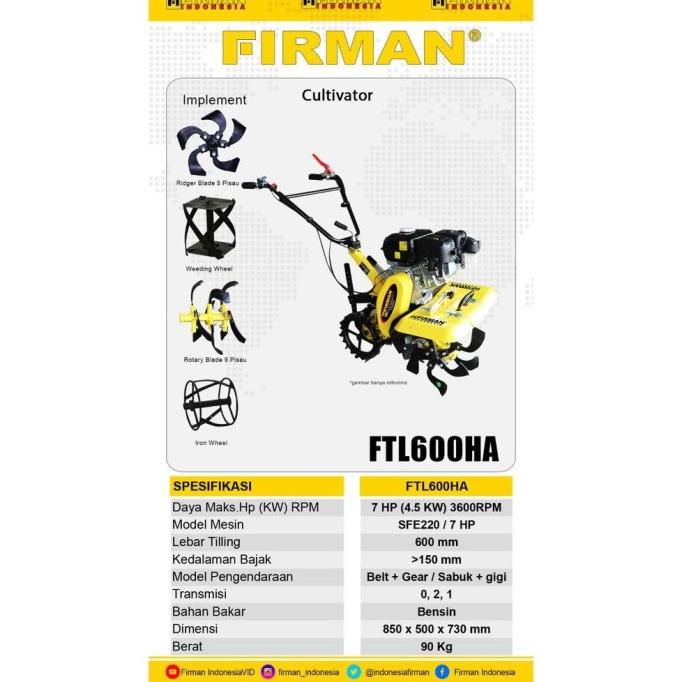 Firman Ftl600Ha / Mesin Traktor Mini / Mesin Bajak Mini Ftl 600Ha /