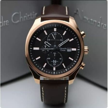 ✅Sale Jam Tangan Pria Alexandre Christie Ac6550 Cowok Rose Gold Brown Kulit Bisa Sameday