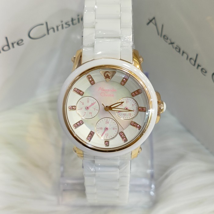 ✅New Ori Jam Tangan Wanita Alexandre Christie Ac2375Bf Ceramic White Rosegold Terbatas