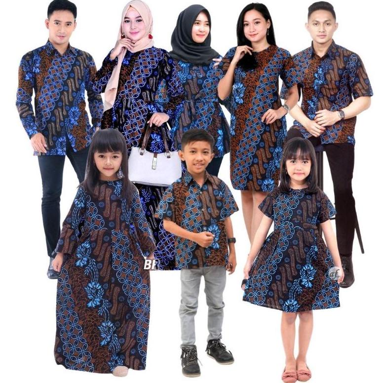 Model baru - Motif Seno Biru Baju Batik Couple Keluarga Seragam Gamis Blouse Anak Putri Hem Kemeja Tunik Dress .,