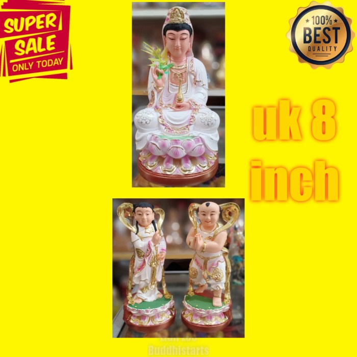 [Original] Patung Dewi Kwan Im Dan Dewa Pengawalnya Fiber 8 Inch Bisa Gojek