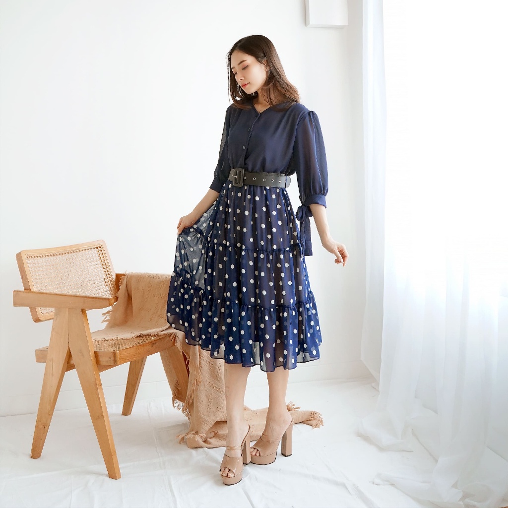[LIMITED] BEST PRODUCT 3400 Dress Wanita Ceruty Import + Furing Motif Polkadot Polos Hitam Navy