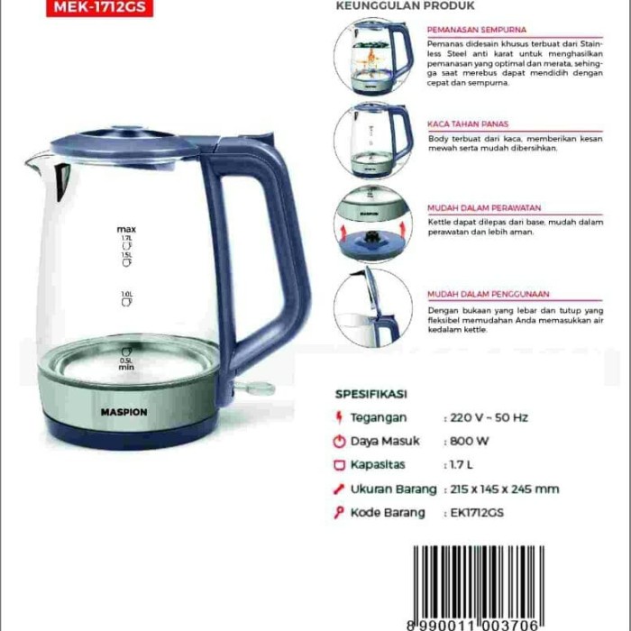 Maspion Teko Listrik Mek-1712Gs 1,7 Liter Promo Terbaru