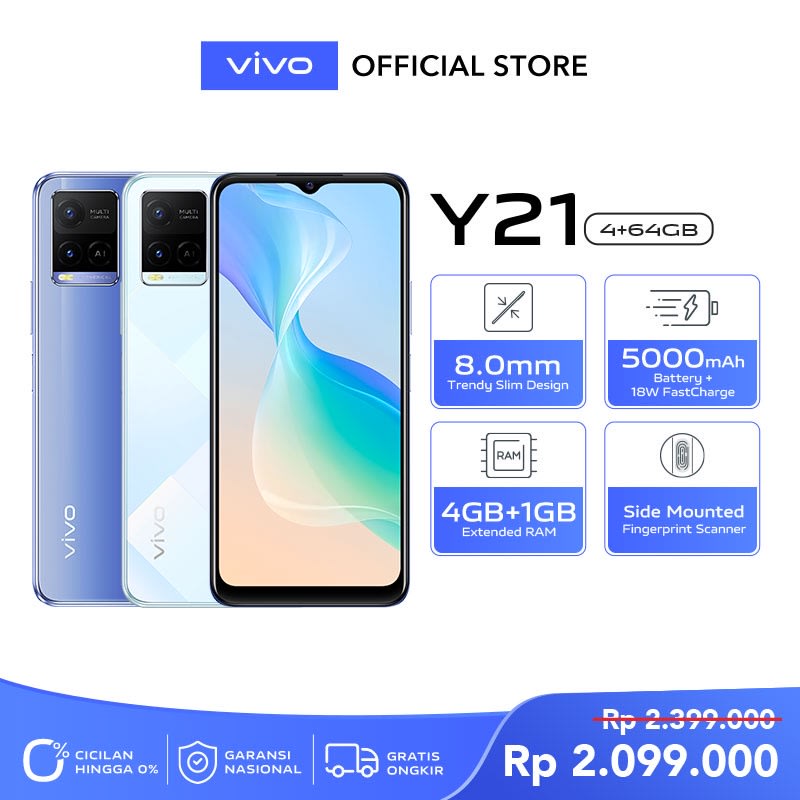 [DISKON 300K] vivo Y21 - RAM 4GB+1GB Extended, ROM 64GB, 5000mAh Battery+18W FastCharge,  AI Triple 