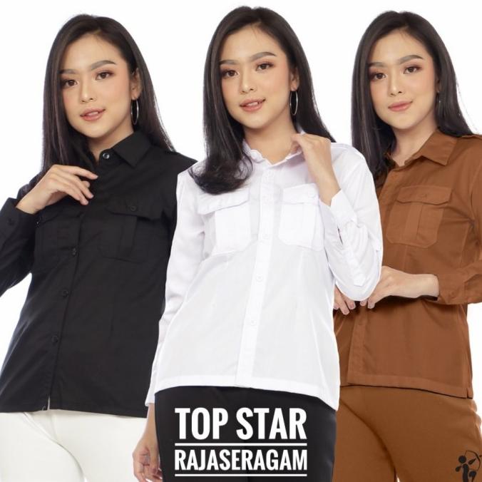 Baju Seragam Kemeja PDH Wanita Saku 2 Drill Panjang Net Tv Slimfit PDL
