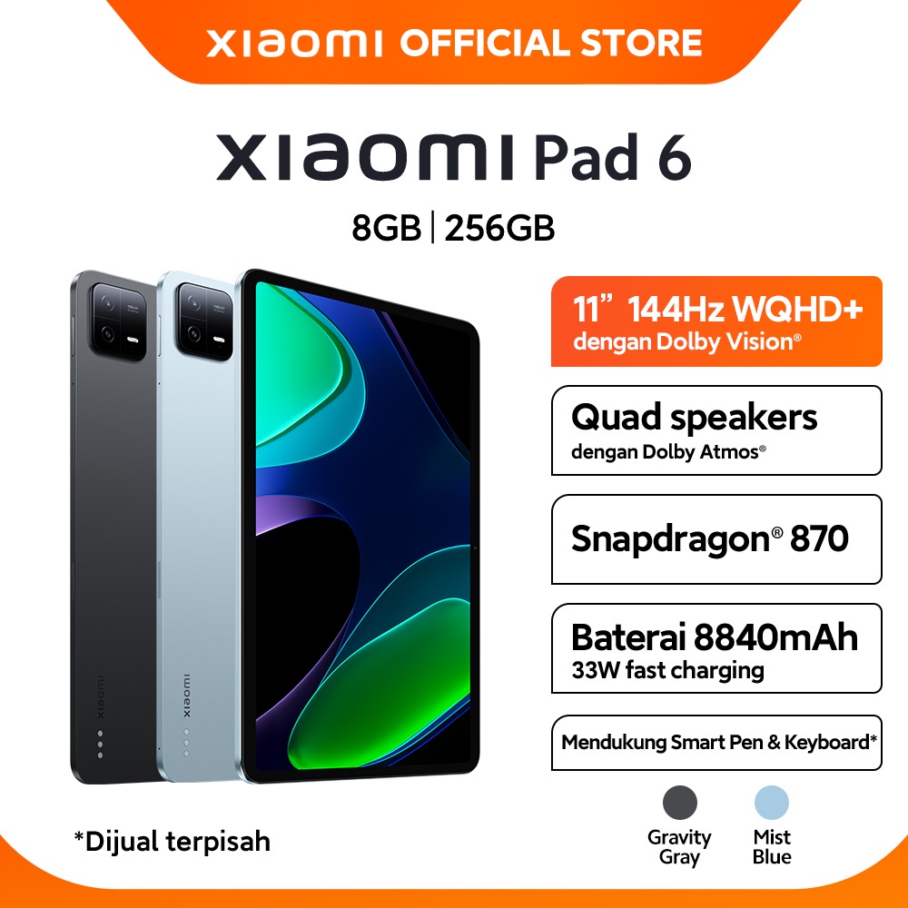 Official Xiaomi Pad 6 (8GB/256GB) | Snapdragon 870 Layar 11" WQHD+
8840mAh