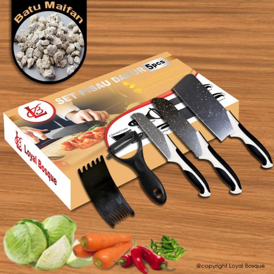 Bisa Cod Set Pisau Dapur Isi 5 Pcs Pisau Dapur + Peeler Hitam J12 Bahan Batu Maifan Untuk Kesehatan 