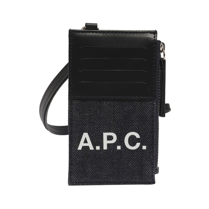 

A.P.C Axelle Card Holder with Strap Denim Leather Navy Black