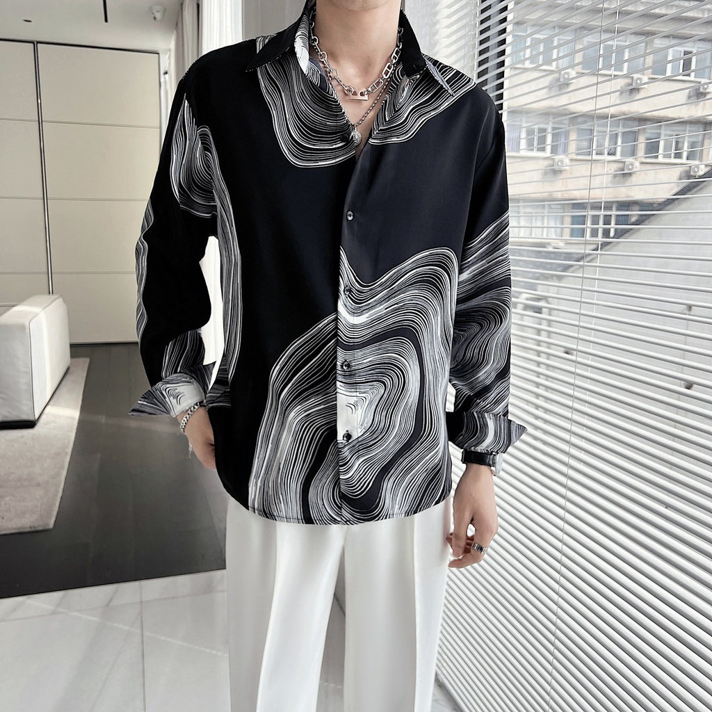 Kemeja Lengan Panjang Pria, Baju Sutra Es Pola Gelombang Retro Baru