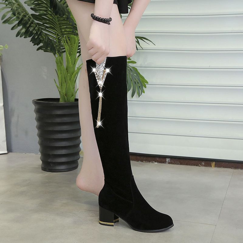 New Women's Boots Block Heel Boots Comfortable High Heeled Thigh Boots Side zipper boots