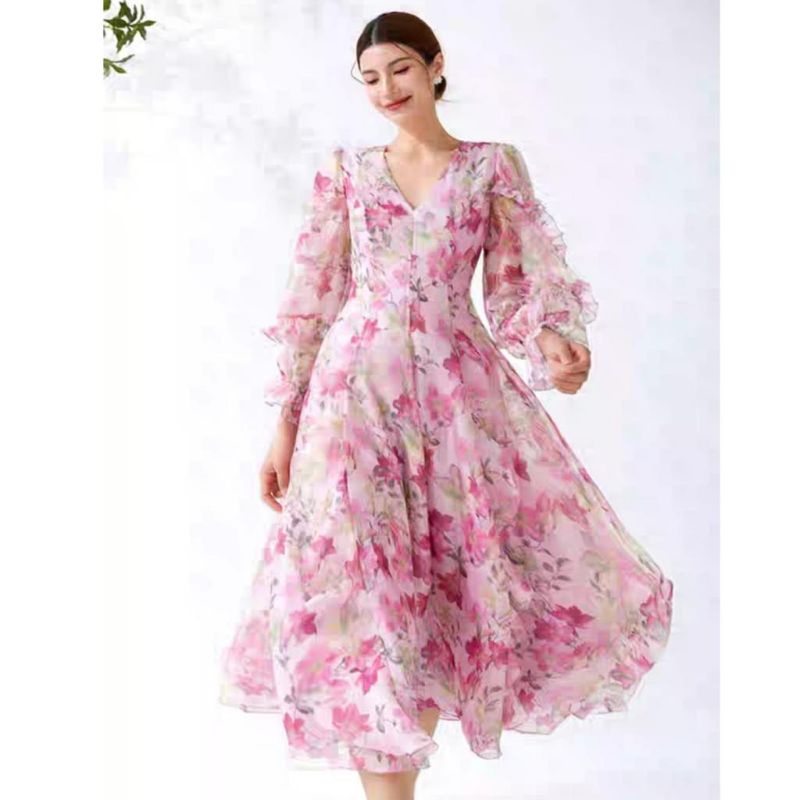 Fashion maxi long dress dres lengan panjang karet bunga2 flower cerah merahmuda bagus murah murmer m