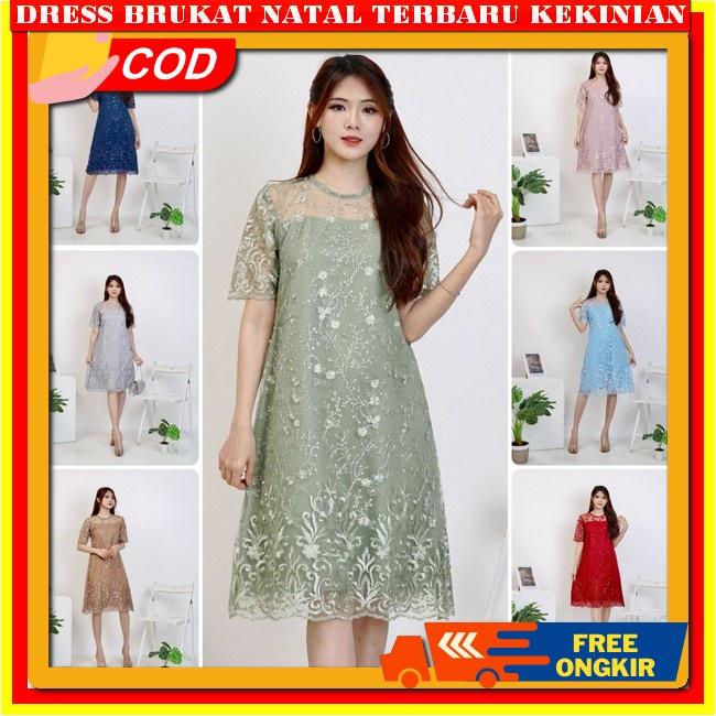 Dress Brokat Terbaru 2023 Dres Wanita Kristen Brukat Pesta Mewah Warna Peach Pink Kuning Dres Brokat