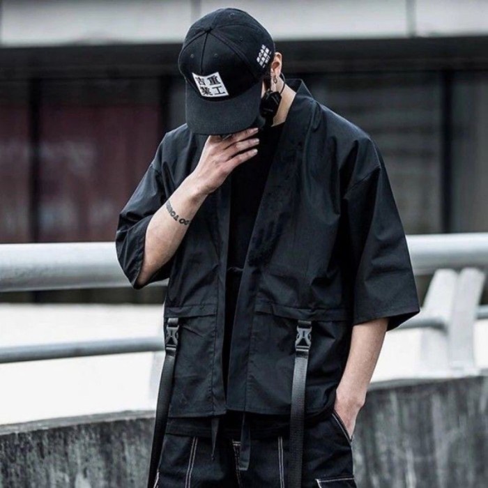 KEYNZEE TECHWEAR KIMONO HITAM PRIA JEPANG TACTICAL CYBERPUNK STYLE