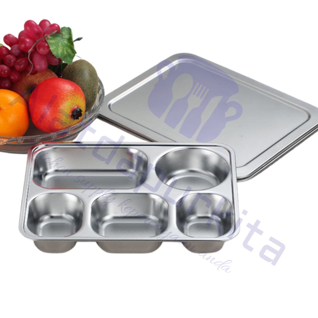 Food Tray Piring Stainless Steel Lunch Box Set 5 Sekat Tebal Dengan Tutup Stenlis Tempat Makan Bekel