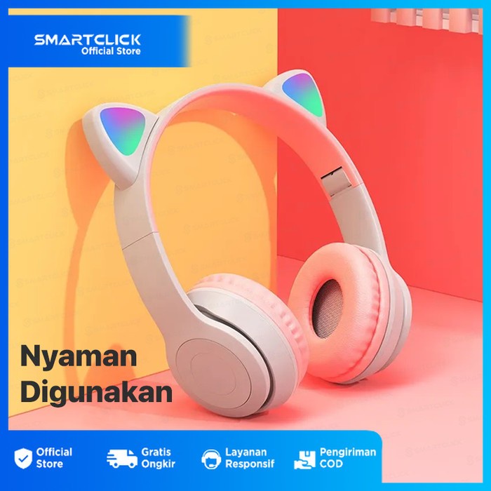 Headset Bluetooth Wireless Led Bass Telinga Kucing Stereo With Mic Audio Ready