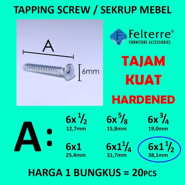 .........] 6 x11/2in=20 MOONLION/ FELTERRE TAPING SCREW SKRUP SEKRUP ALUMINIUM