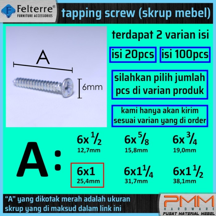 .........] 6 x1in=20 MOONLION/ FELTERRE TAPING SCREW SKRUP SEKRUP ALUMINIUM