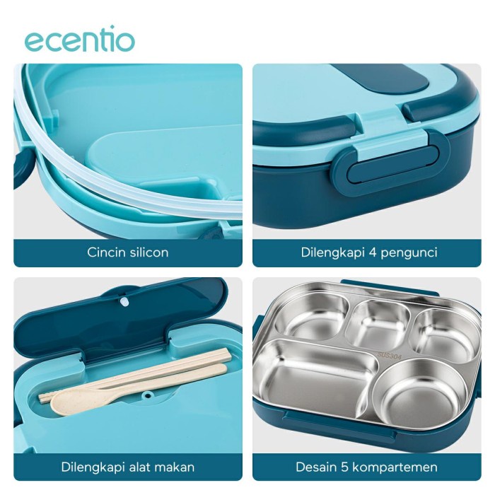 Ecentio Lunch Box Stainless 5 Sekat 1000Ml Kotak Makan Anti Bocor