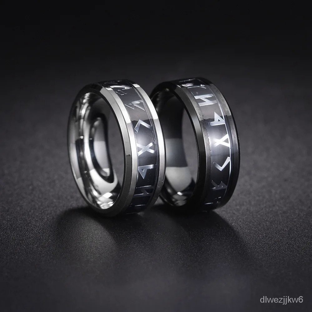 Cincin Pernikahan Serat Karbon Hitam Bertatahkan Cincin Rune Amulet Viking Baja Tahan Karat Antik un