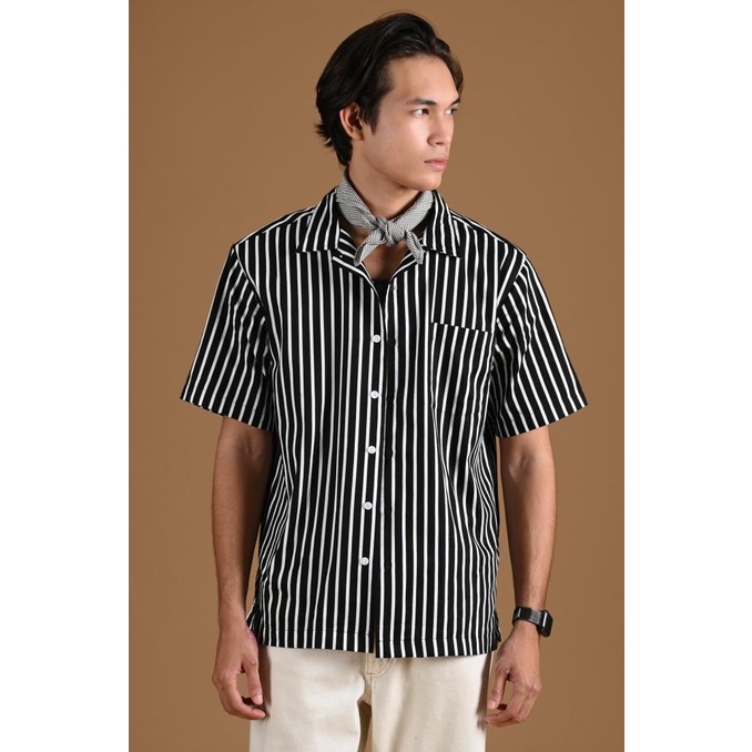 Kemeja Prepp Studio Short Stripe Shirt Dual Collar Style Black