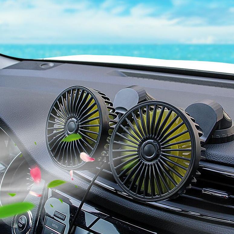 Kualitas No 1 QH-Portable Car Fan Kipas Angin Mobil 12 volt 24 Volt 360 Derajat Double Head USB Deng
