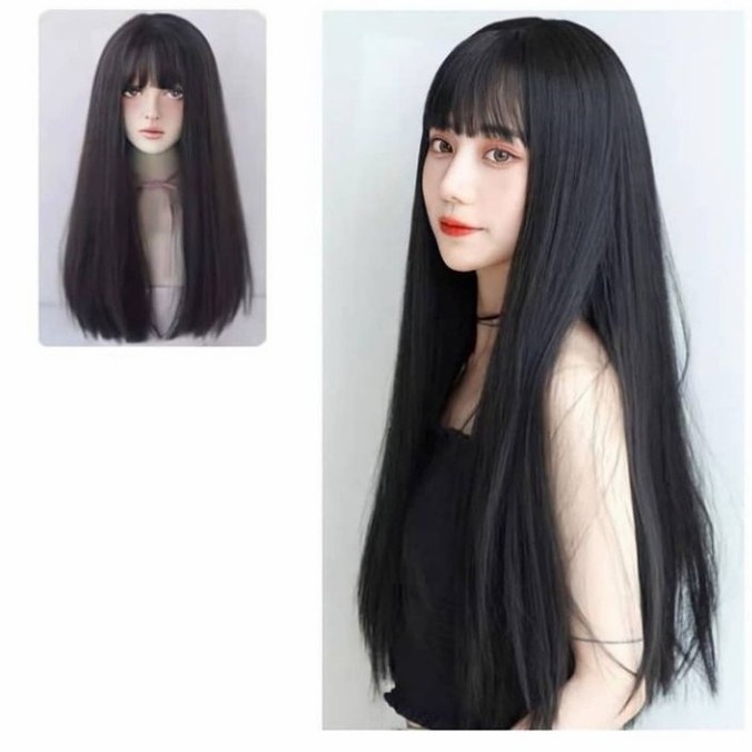 Wig Wanita Wig Korea Wig Panjang Lurus Black Hitam 60Cm Original
