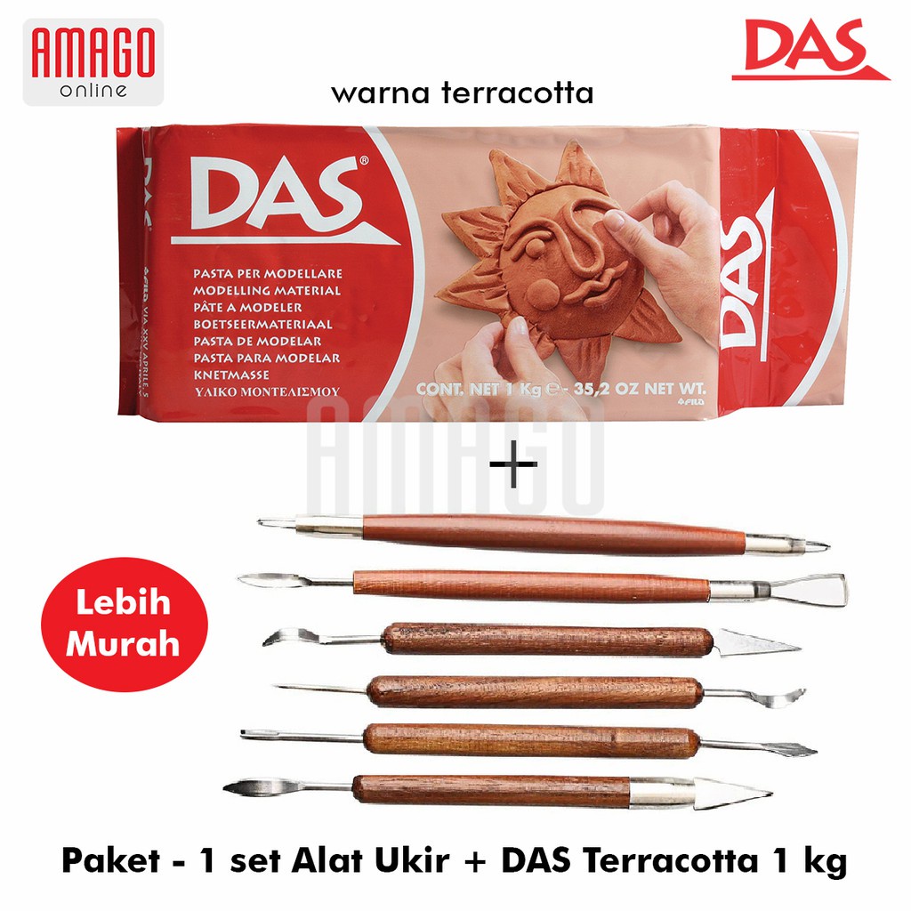 Paket - Das Elling Clay 1 Kg Terracotta + Alat Ukir Gagang Kayu