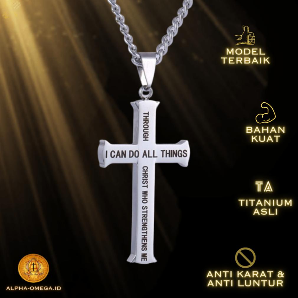 Kalung Salib Injil Filipi 4:13 | Kalung Salib Pria Kristen Katolik | Kalung Salib Elegan Titanium Vi