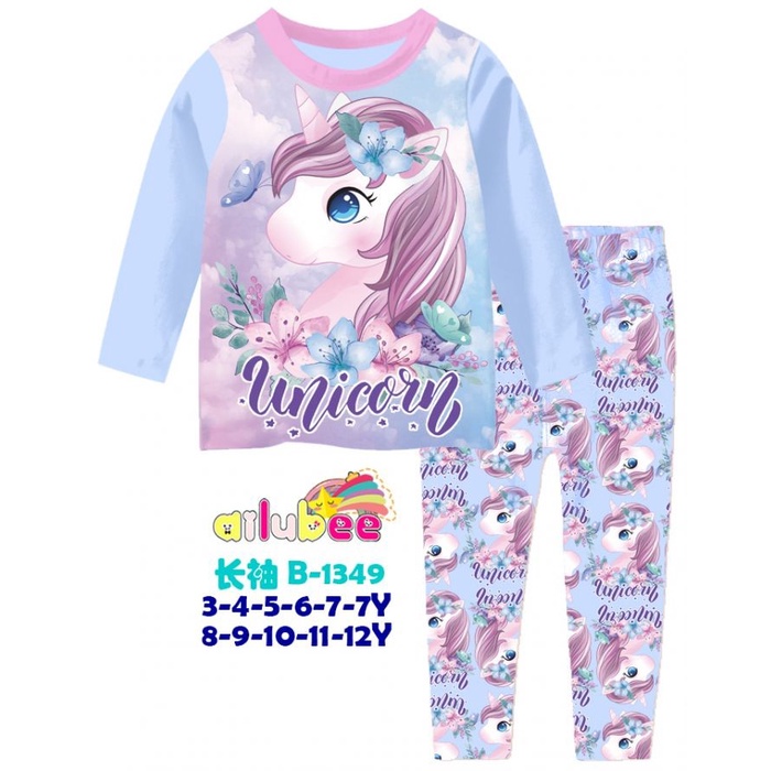 (ORIGINAL) Piyama Unicorn Anak Perempuan 4 - 12 Tahun Baju Tidur Karakter AMJP017