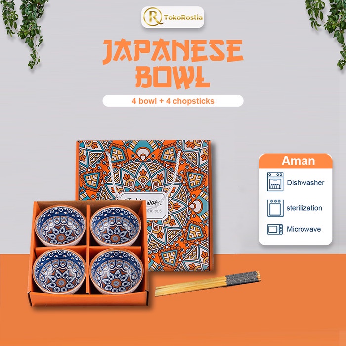 MANGKOK JEPANG BOHEMIAN KERAMIK DAN SUMPIT SET 4 HAMPERS