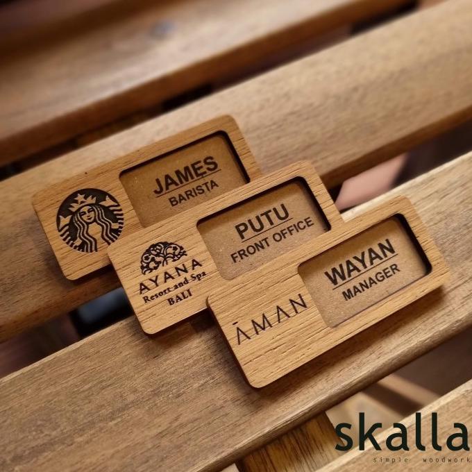 

name tag reusable kayu badge papan nama dada wooden nametag custom 2