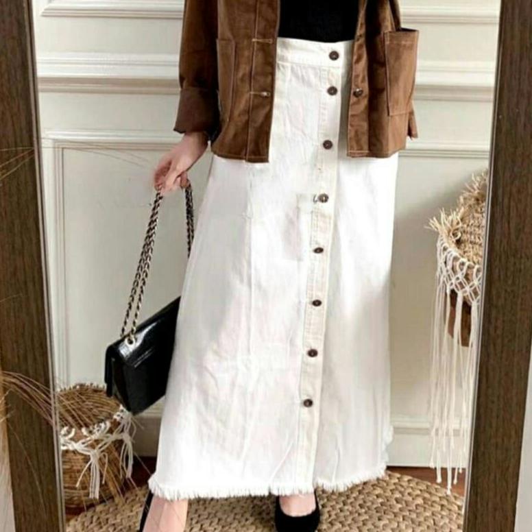 Hot - Rok button skirt jeans denim Rok span jins knitted putih hitam panjang Rok wanita ,,