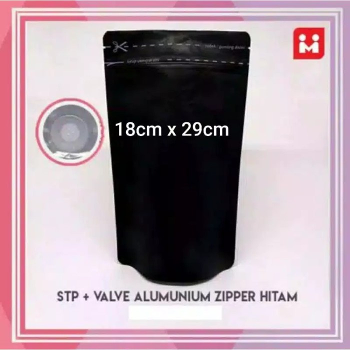 

~^~^~^] Kemasan kopi standing Pouch VALVE + Zipper warna hitam 500gr