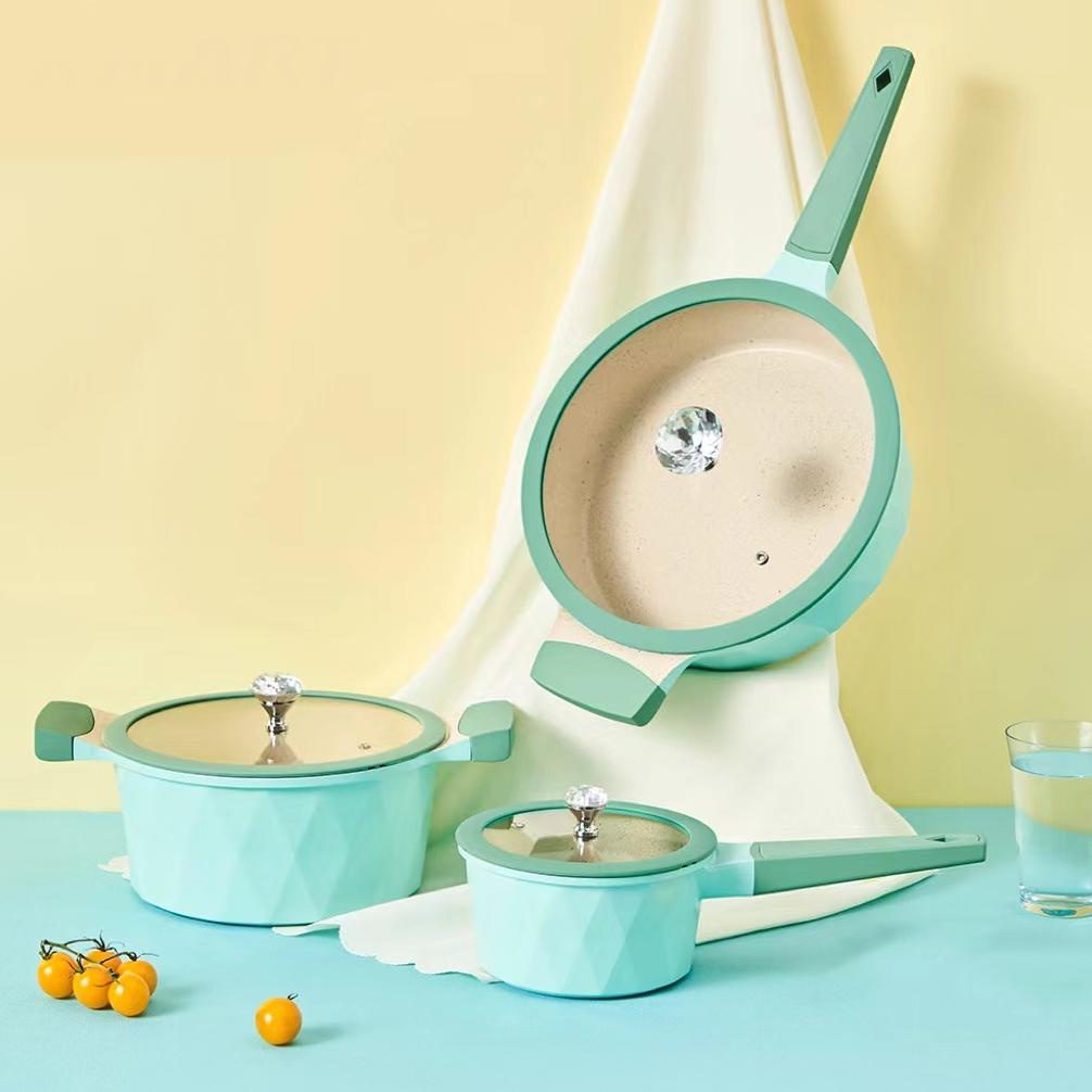 YHOME Tiffany Blue Series Die-casting Diamond Non Stick Cookware Set Panci Set 3in1 Wajan Marble Gra