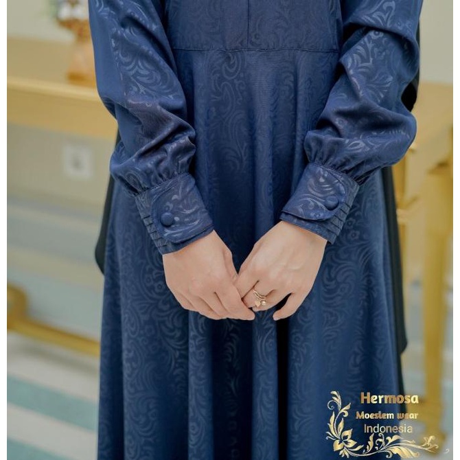 Gamis hermosa motif flower warna navy/gamis biru dongker murah