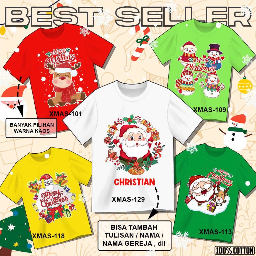 Baju Anak Natal Motif Umur 1 Sampai 12 Tahun Dress Cewek Imlek Cantik Kaos Atasan Laki & Perempuan M