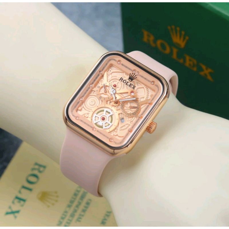 jam tangan wanita ROLEX DATE-PW Tali Rubber body rose crono free box &  batrai