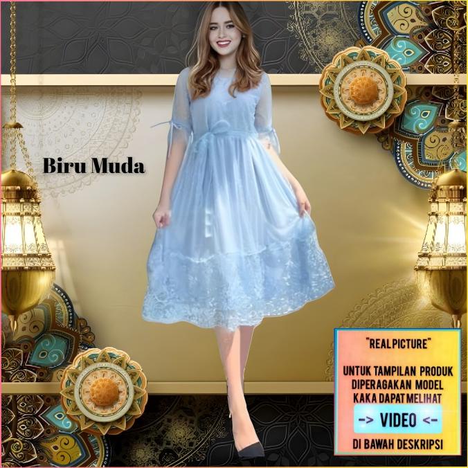 {natal} baju gaun pesta wanita terbaru ahira midi dress natal korea biru muda TERLARIS