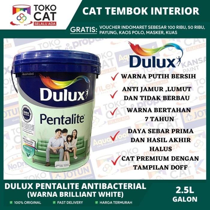 Cat Tembok Interior Dulux Pentalite Tinting (Bisa Request Warna) 2,5 Liter Galon // Cat Tembok Dalam
