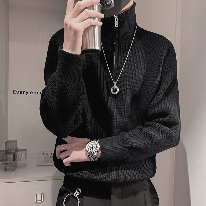 Solid Color Turtleneck Sweater Men's Half Zipper Sweater Outer Pullover Base Sweater