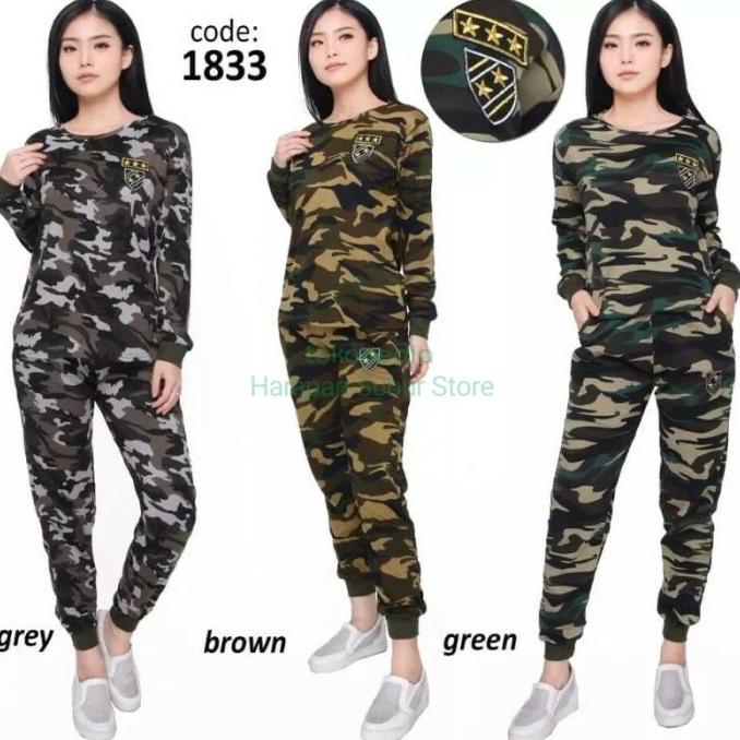 Setelan Baju Lengan Panjang Olahraga Senam Loreng Army Wanita