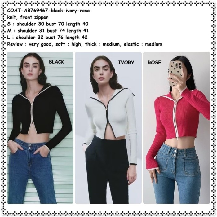 [COD] Ab769467 Crop Cardigan Jaket Rajut Hitam Putih Fuschia Wanita Korea Limited