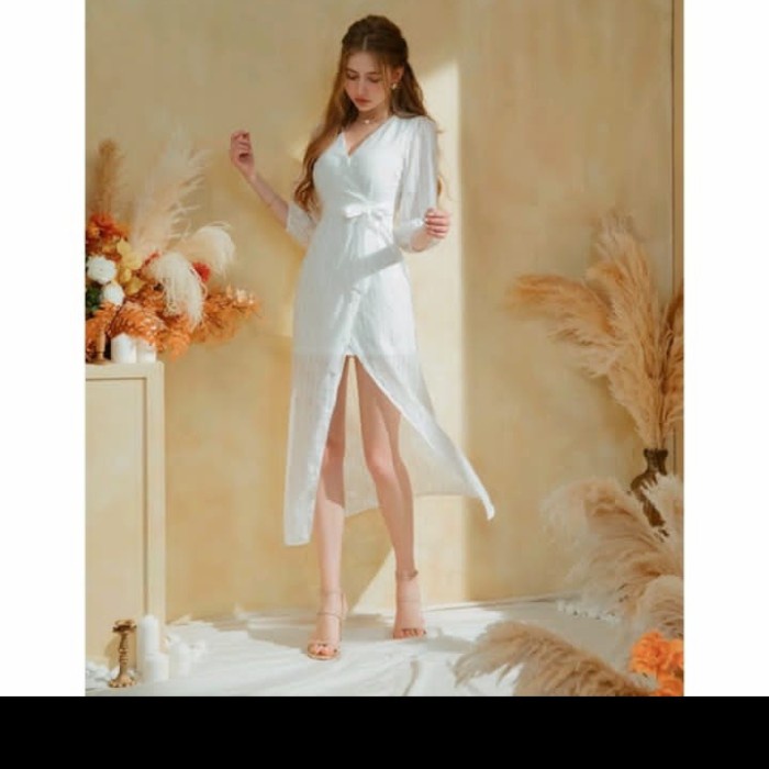 [COD] Asmara Korean Vintage Dress Putih Polos Pantai Summer Musim Panas Vnec Terbaru