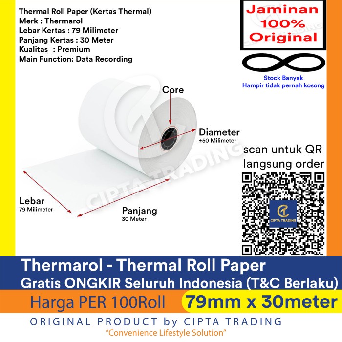 

✨Sale Kertas Thermal / Thermal Paper - Thermarol - 79Mm X 30Meter 100Rolls Berkualitas