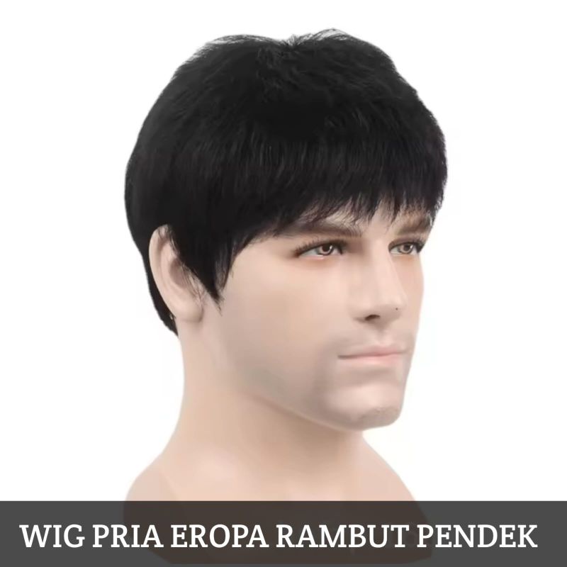 Wig Pria Eropa Rambut Pendek Warna Hitam Full Wig Rambut Palsu Pria Rambut Pendek Poni Pendek Wig Sintetis Pria