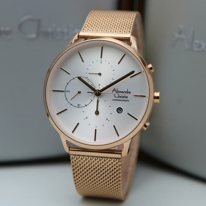 ✨Ready Jam Tangan Pria Alexandre Christie Ac 6555 Rose Gold White Original Limited